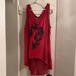 Free People Red Lace-Back Tank Top with Feather Graphic